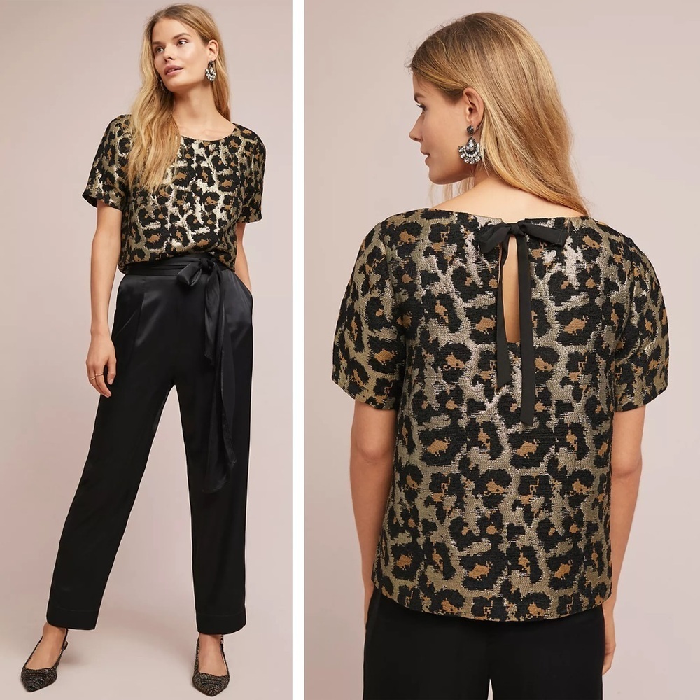 Hutch - Jacquard Metallic Leopard Print Brocade Tie-back Top